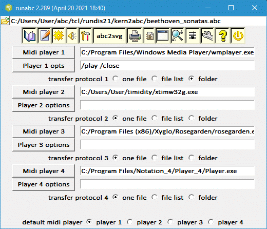 runabc midi player configuration menu
